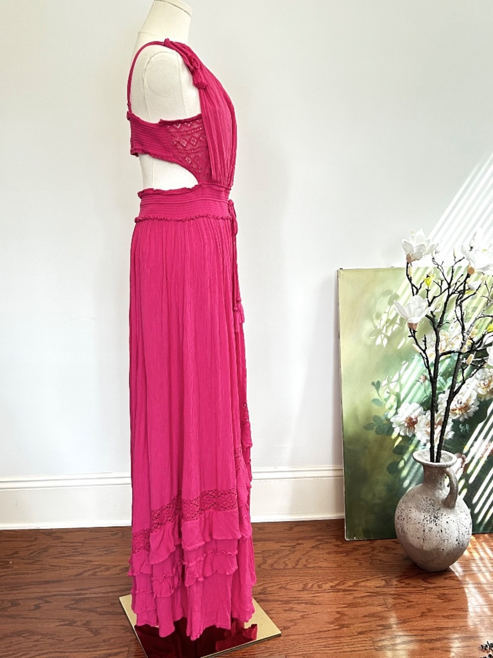 Free People Santa Maria Maxi Dress XL Love Pink Crochet Lace Open Back Boho - Picture 5 of 14